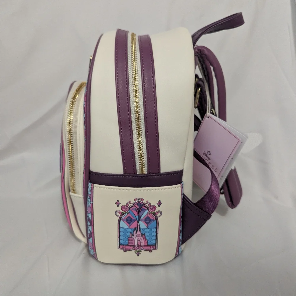 Disney Belle Loungefly Backpack with Stained Glass Background
